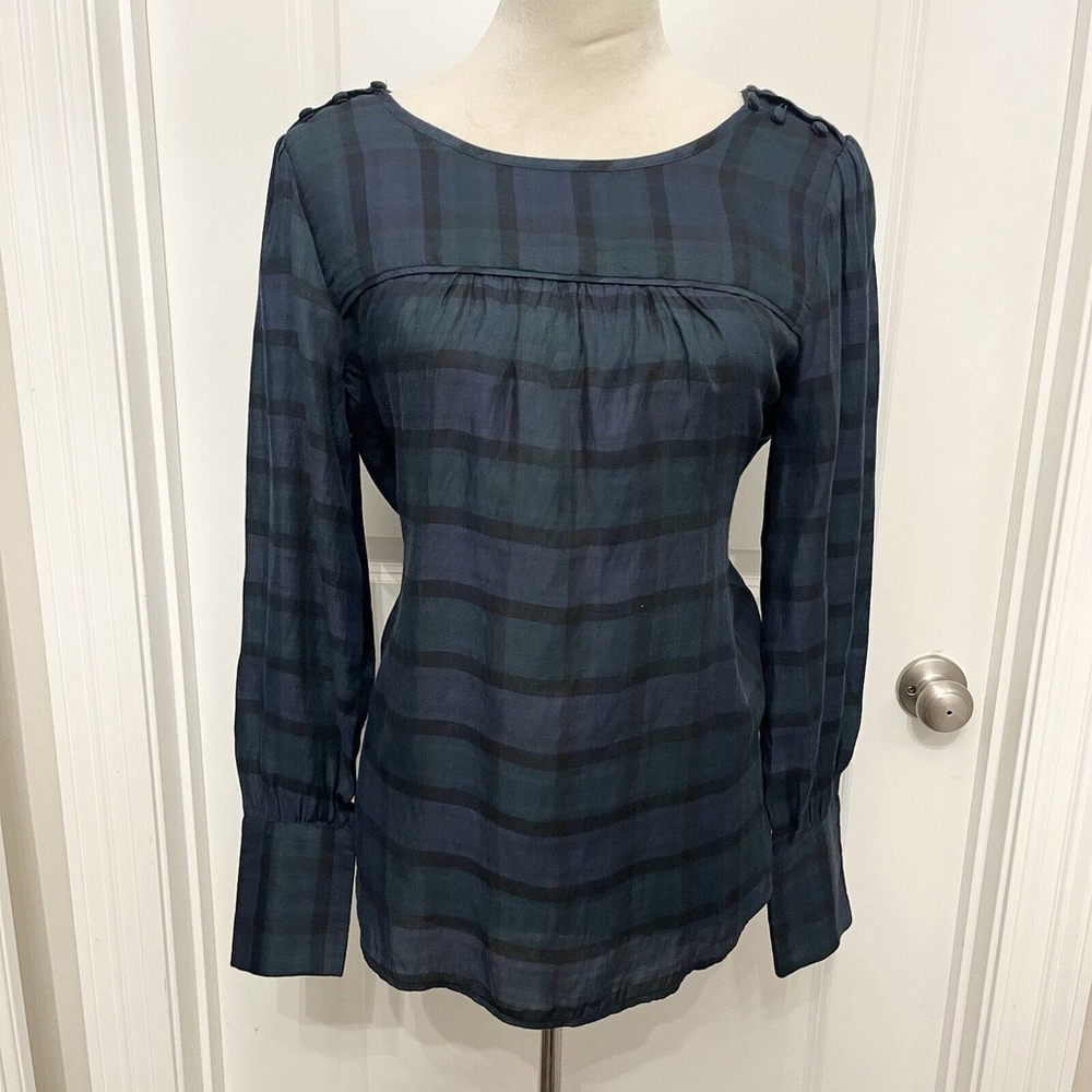 Loft Long Sleeve Blouse- Forrest Green Plaid Popover Top Size Small‎